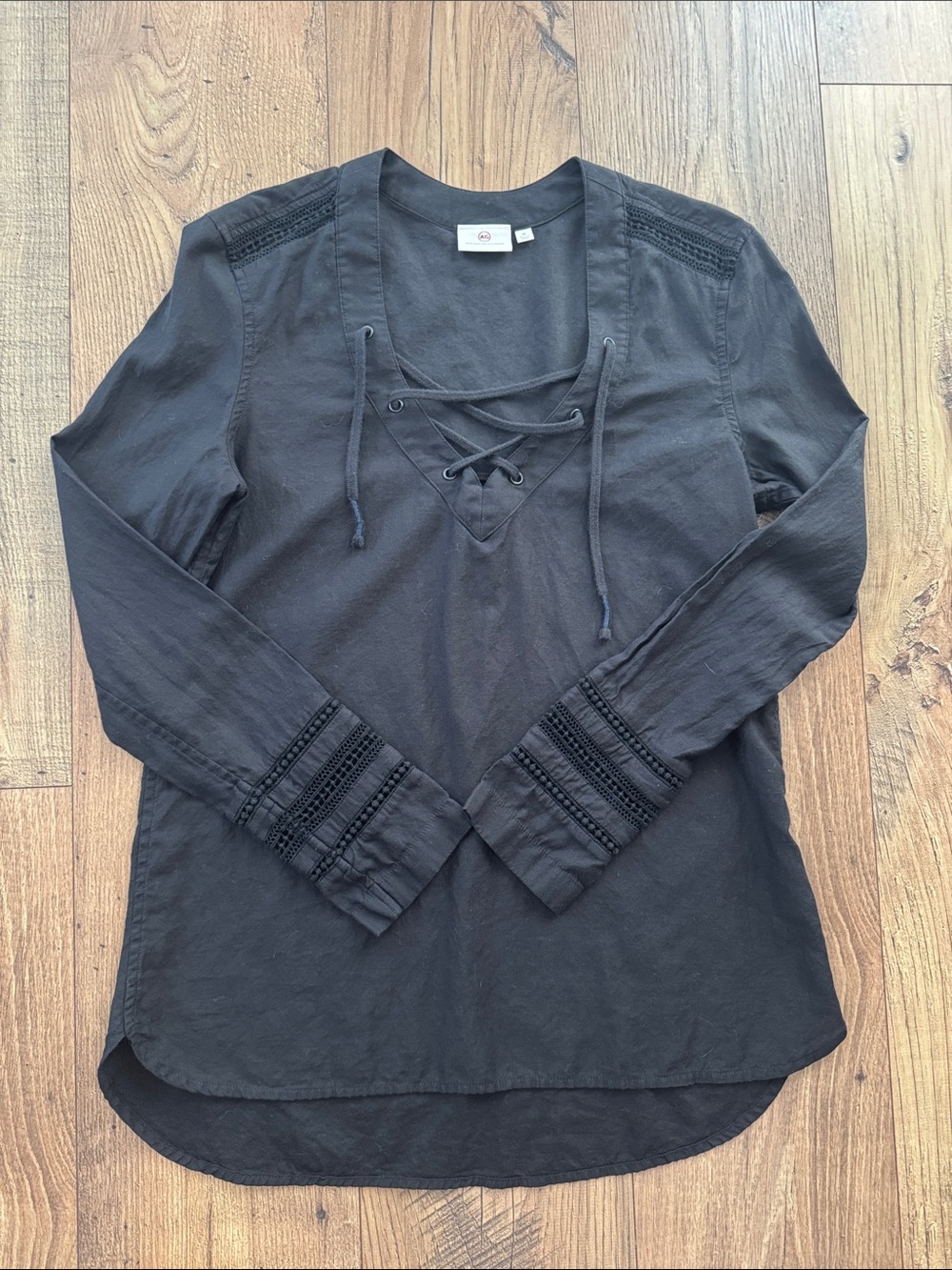 AG Adriano Goldschmied Black Lace-Up Long Sleeve Top
